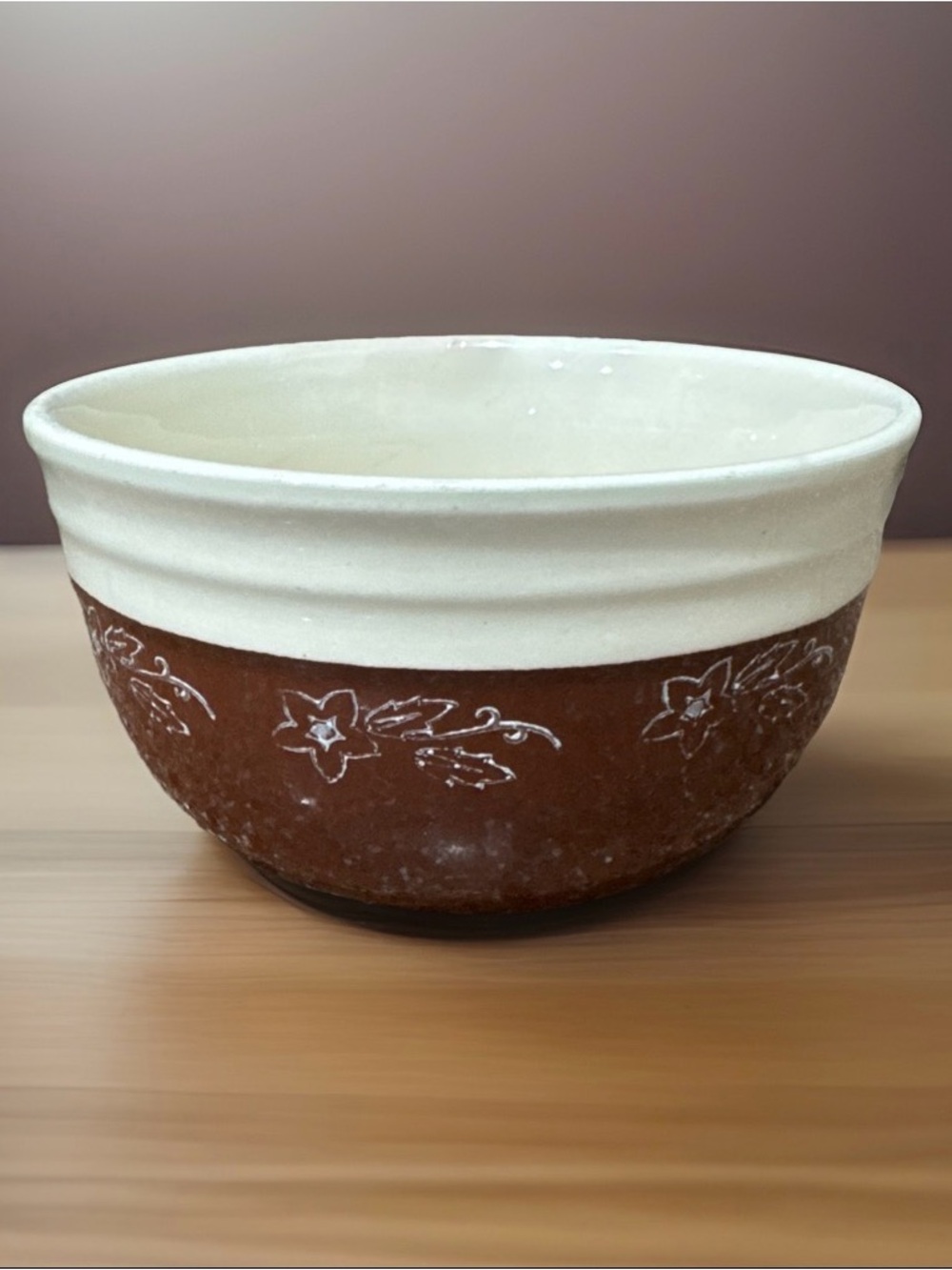 Vintage Oxford Stoneware Bowl Brown Cream Floral Rustic Farmhouse Mixing Bowl 7”
